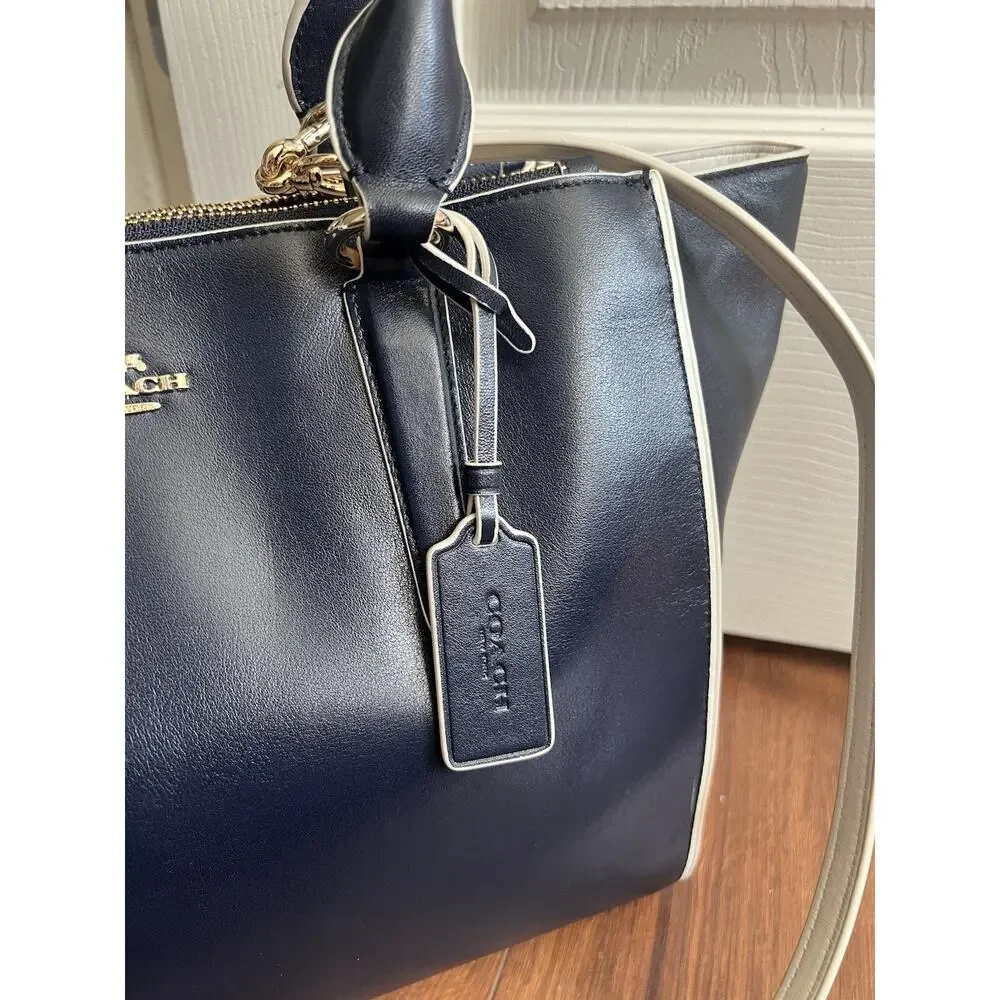 COACH Crosby Navy White Leather Contrast Large Carryall Tote Bag BRAND NEW $395